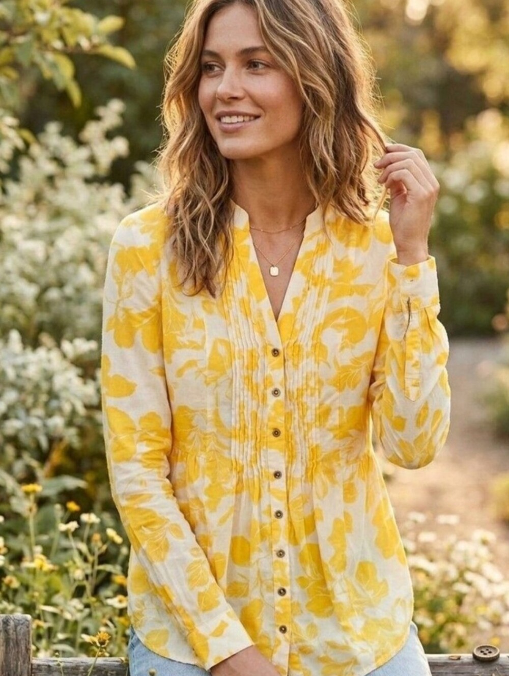 Maeve Yellow Beige Floral Pintuck Blouse Roll Tab Sleeves Semi Sheer Sz 10